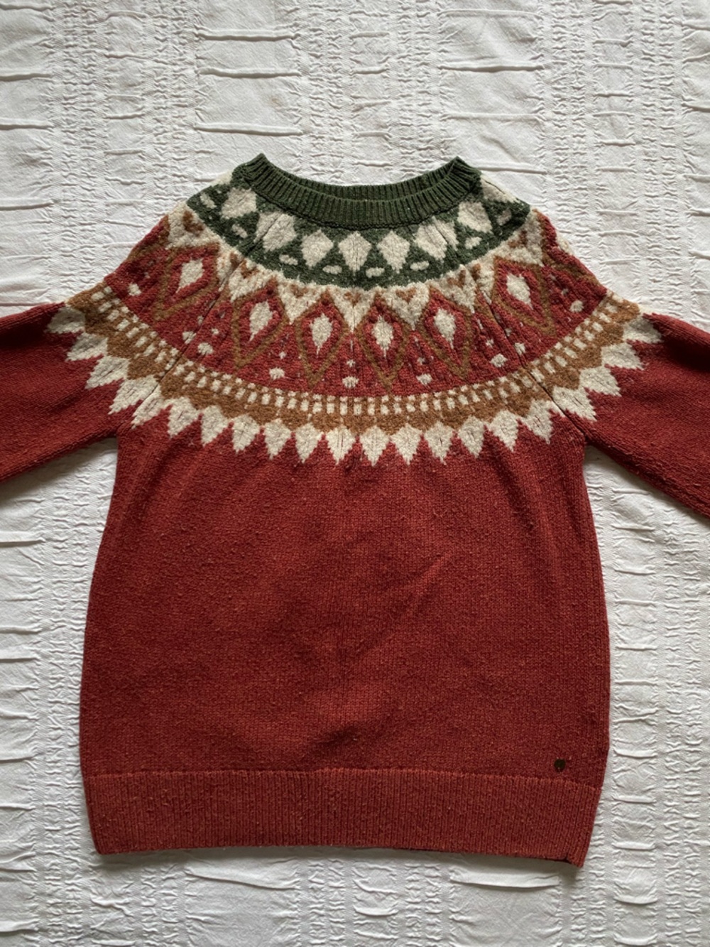 Fat Face Rust Red Fair Isle Yoke Sweater with Green and Cream Accents